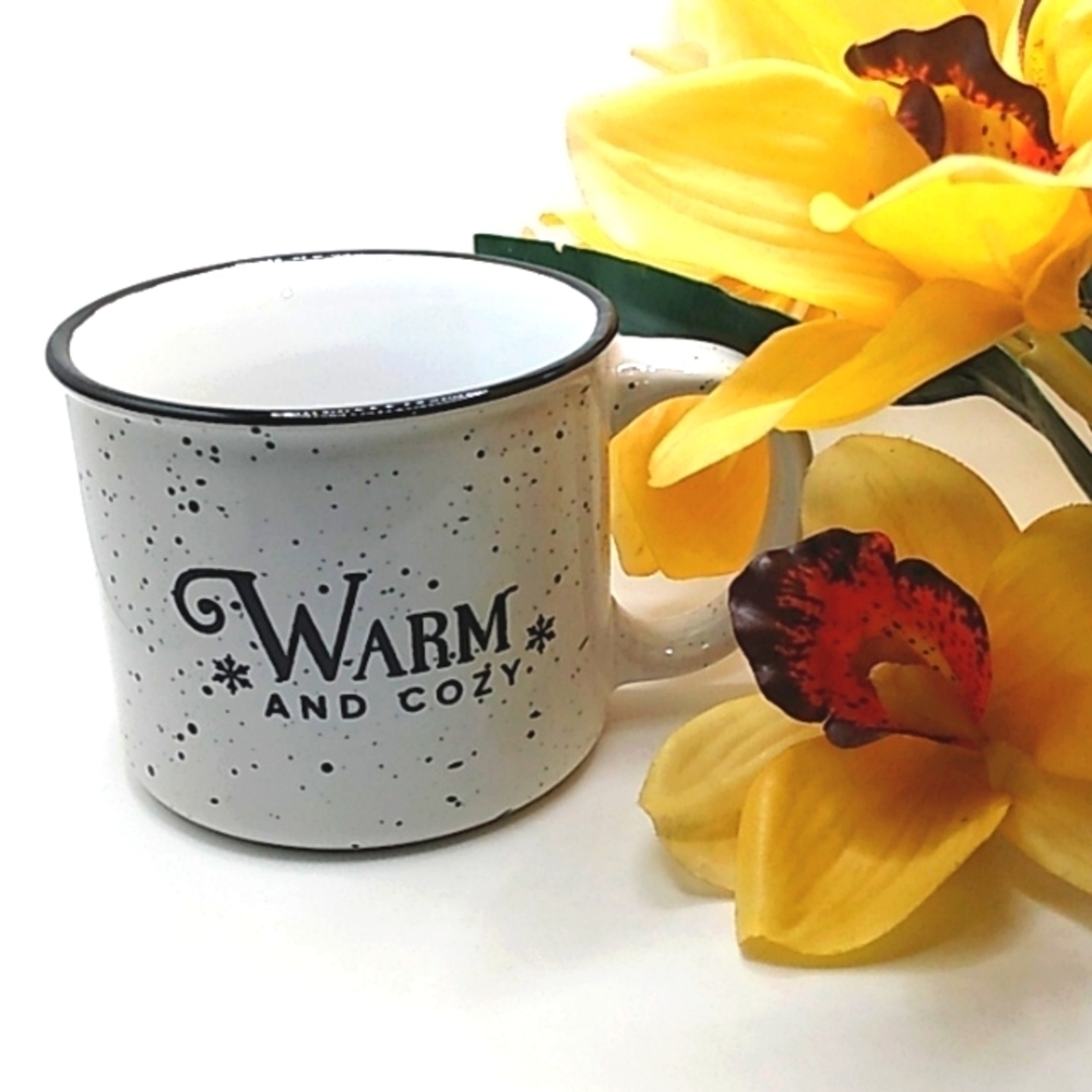 CAMPFIRE HOLIDAY COFFEE MUG - Warm and Cozy - Black and White  14oz.